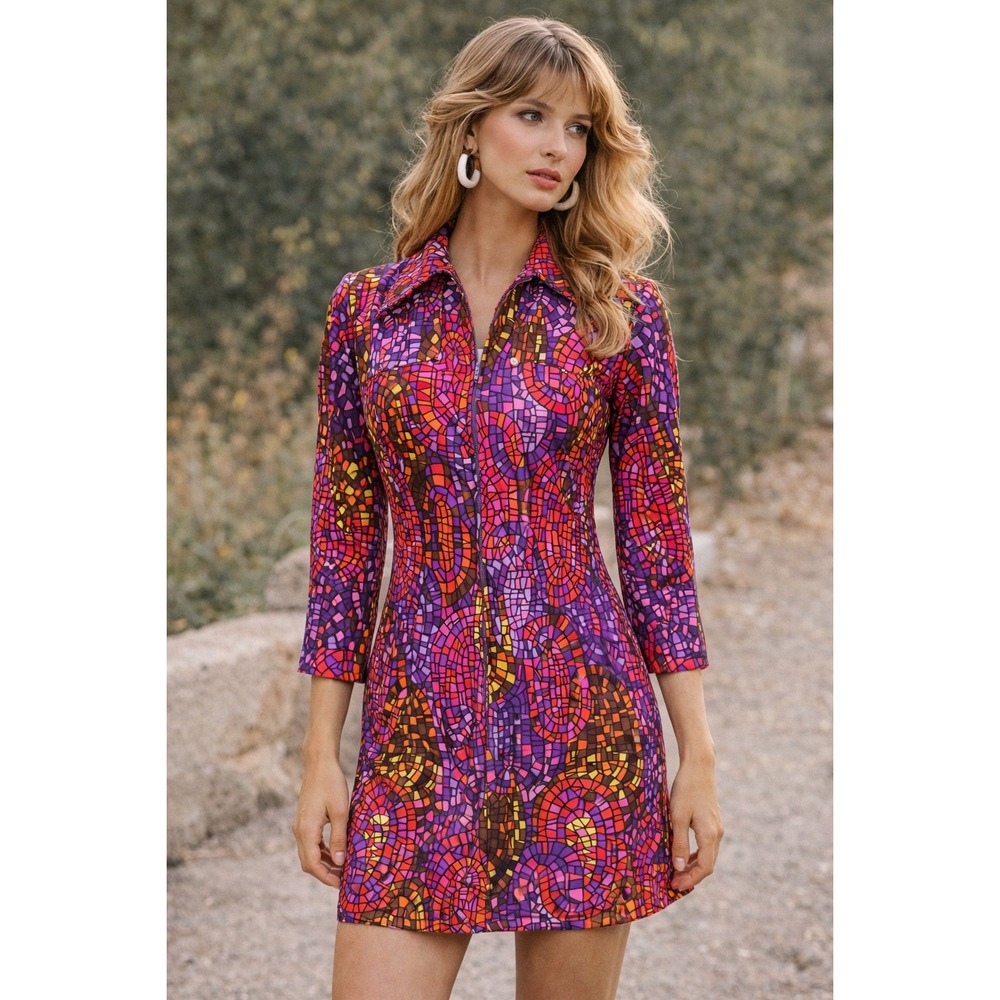 W1 ACT 1 New York Vintage Mosaic Print Mini Dress Zipper Collar 3/4 Sleeve Small
